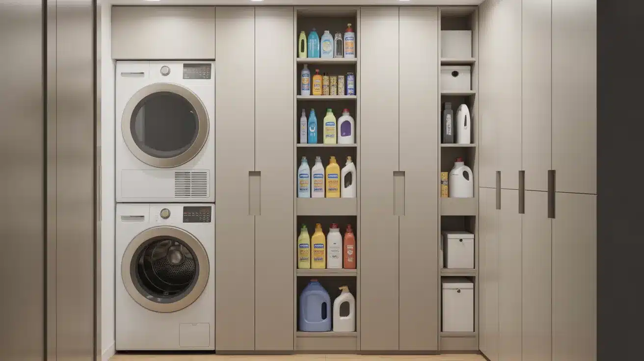 a modern laundry room featuring sleek slim storage units efficiently placed in narrow spaces between appliances