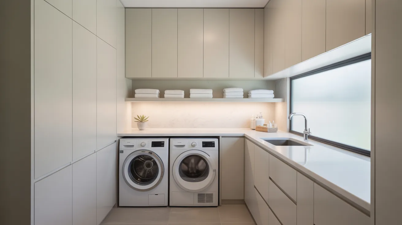 a modern, minimalist laundry room featuring sleek white cabinets with handleless doors and clean geometric lines