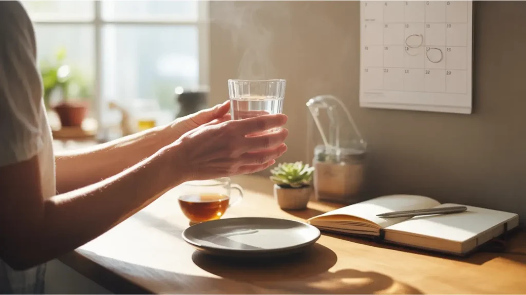 a person holding a glass of water at a table with an empty plate, cup of tea, open journal, and a wall calendar nearby