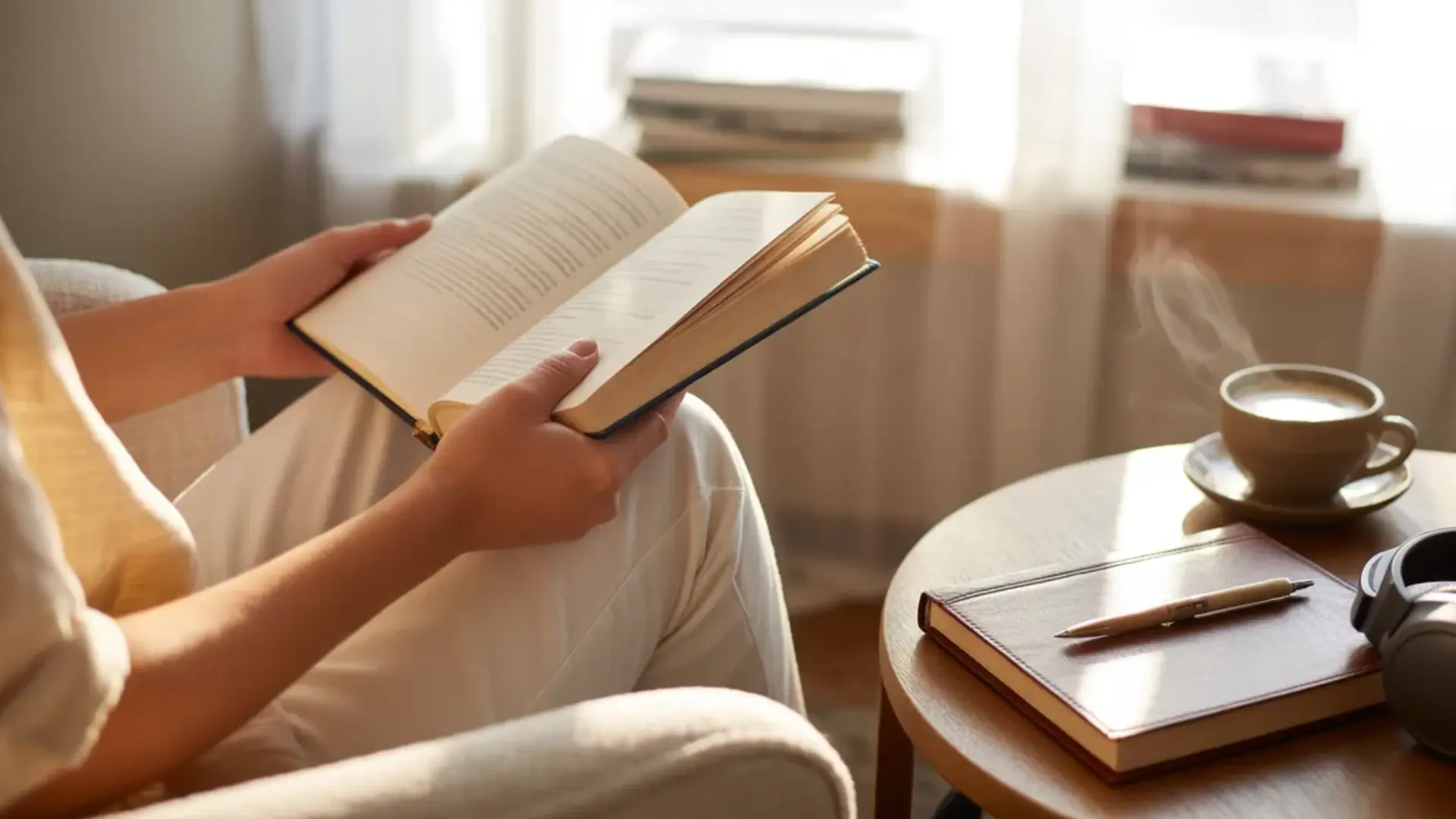 a person reading a book in a chair next to a side table with a journal, headphones, steaming coffee, and colored pencils