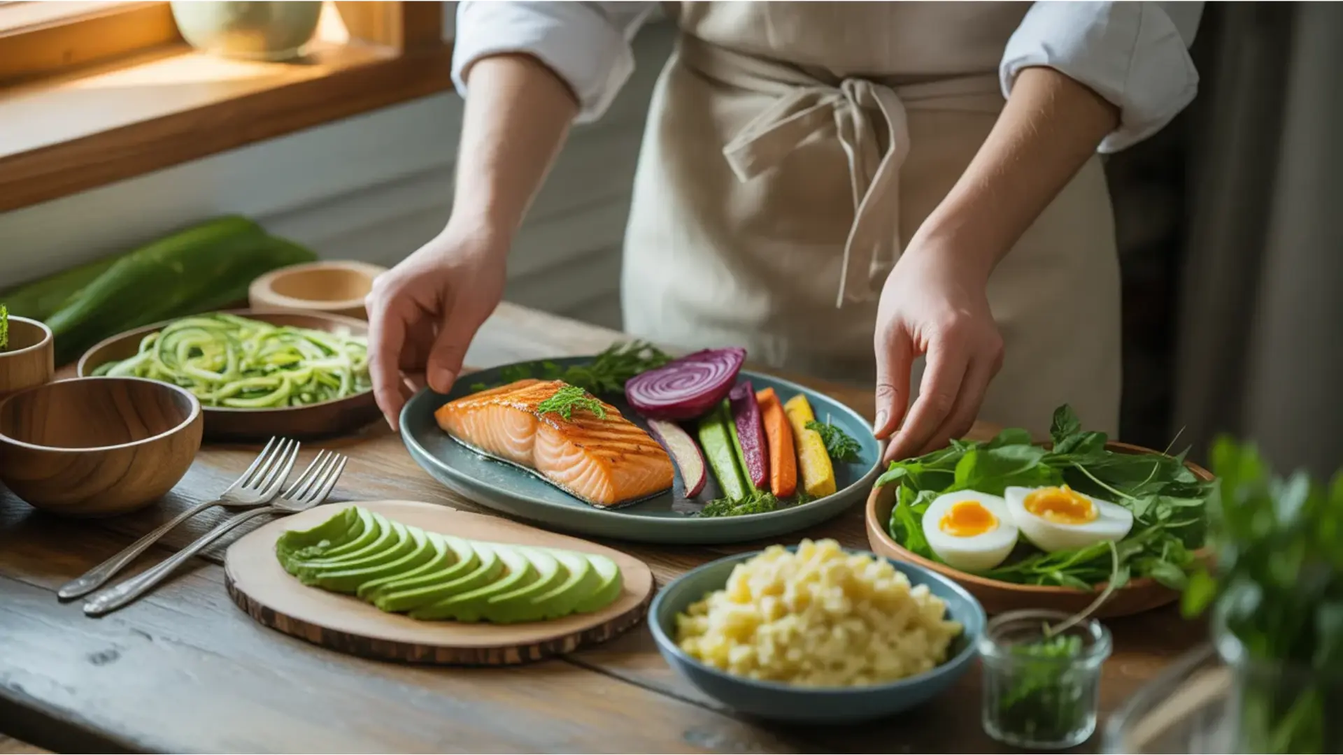 a person serving grilled salmon alongside colorful vegetables, avocado, boiled eggs, and greens