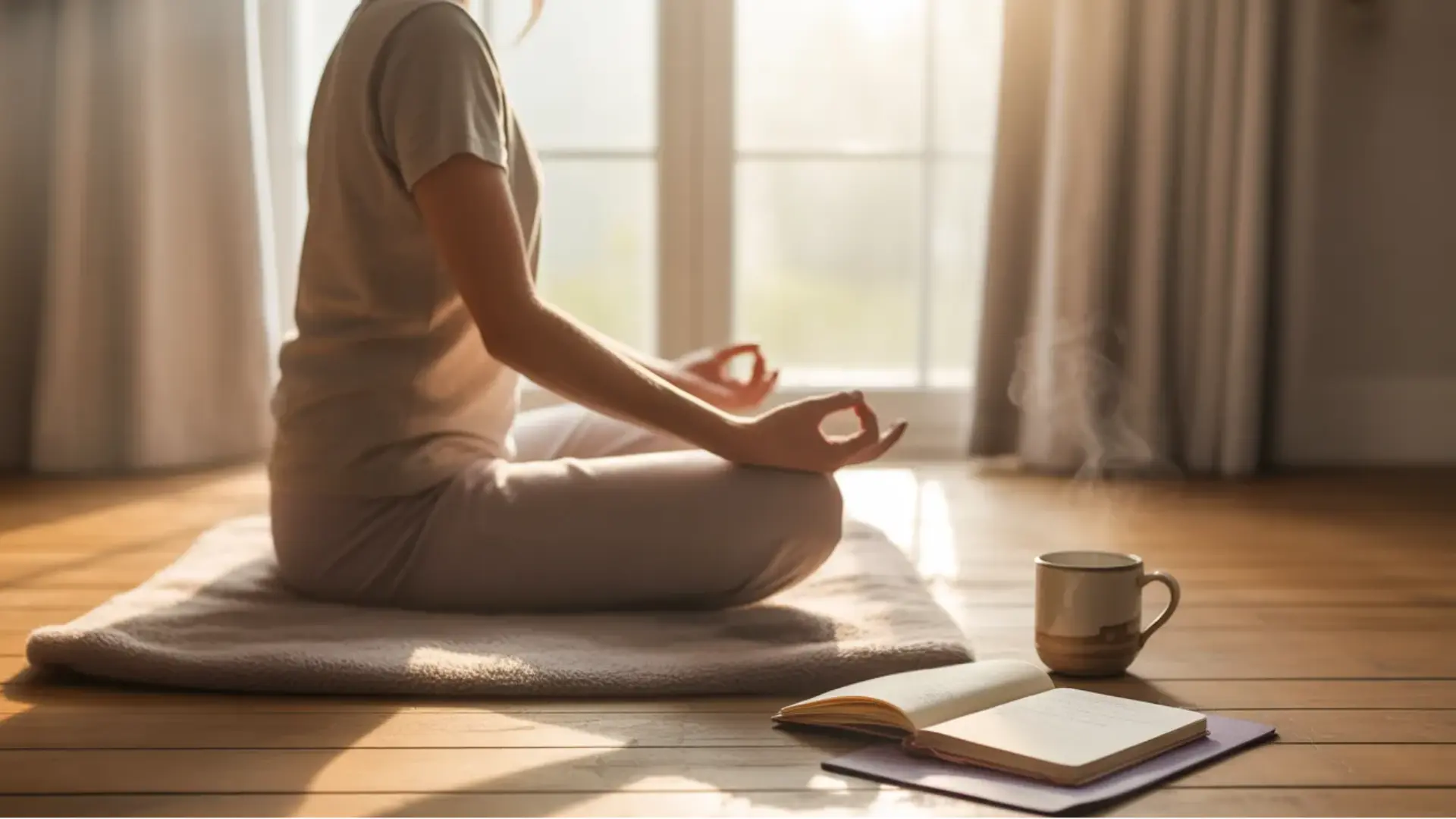 a person sitting in a meditation pose on a mat near a window with an open journal and a steaming mug on the floor