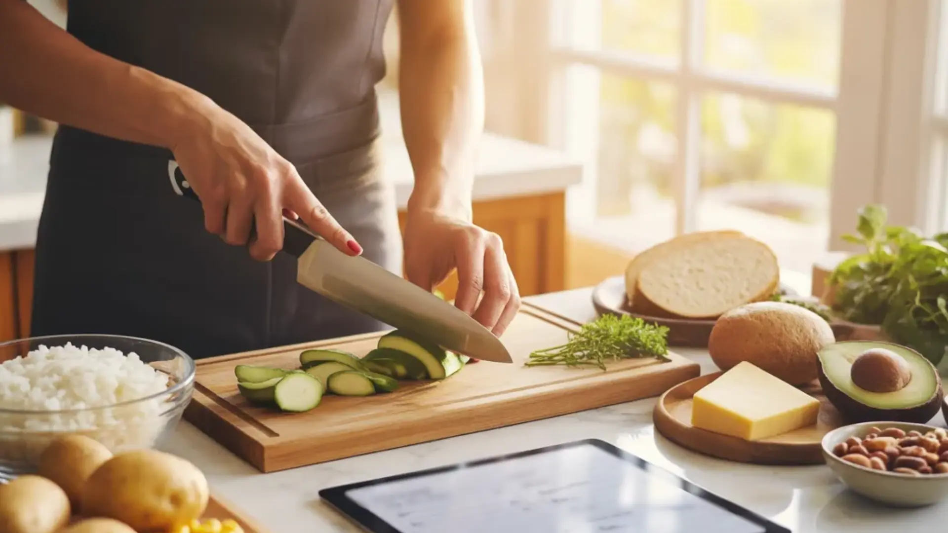 a person slicing zucchini on a cutting board surrounded by rice, potatoes, avocado, nuts, and bread