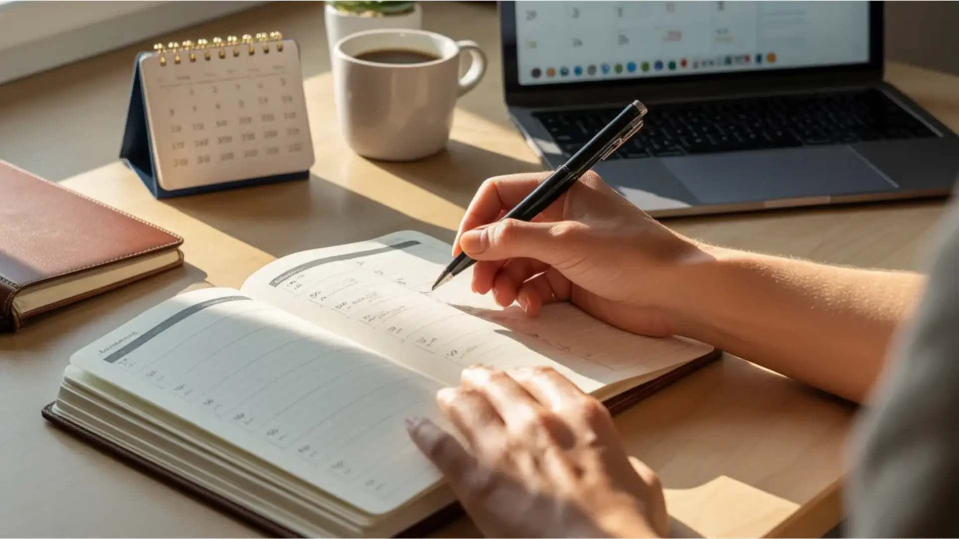 a person writing in a planner on a desk with a desktop calendar, coffee mug, notebook, and a laptop showing a calendar
