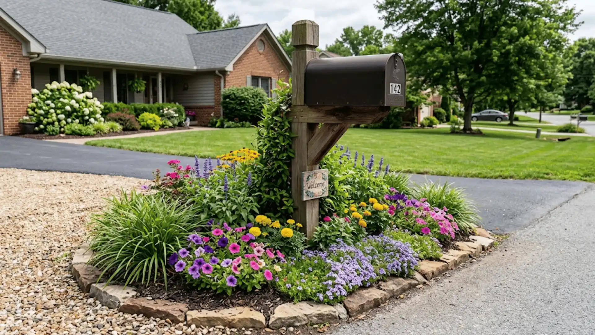 a photo of the small place where the mail box is have number of plants arounds
