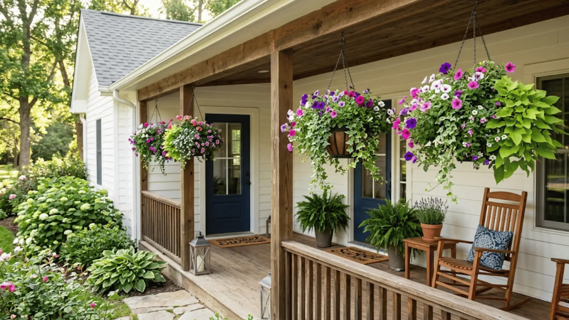 a picture showing hanging planters around the house to give it a beauty look in different colors