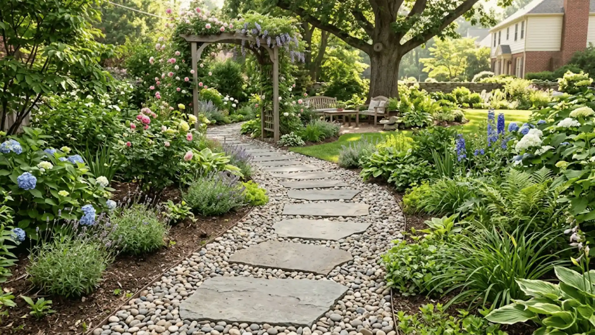 a picture showing the walking space with the foot steps to be followed with number of plants