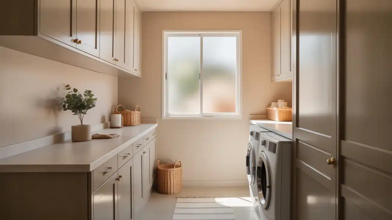 a serene laundry room featuring soft neutral tones and minimalist decor