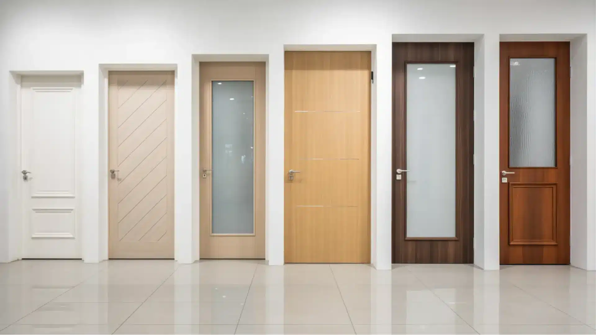 a showroom display of five doors in varying heights with white, beige, light wood, dark walnut, and brown finishes