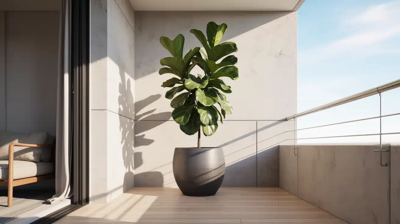 a single, majestic fiddle leaf fig tree positioned elegantly in the corner of a modern balcony