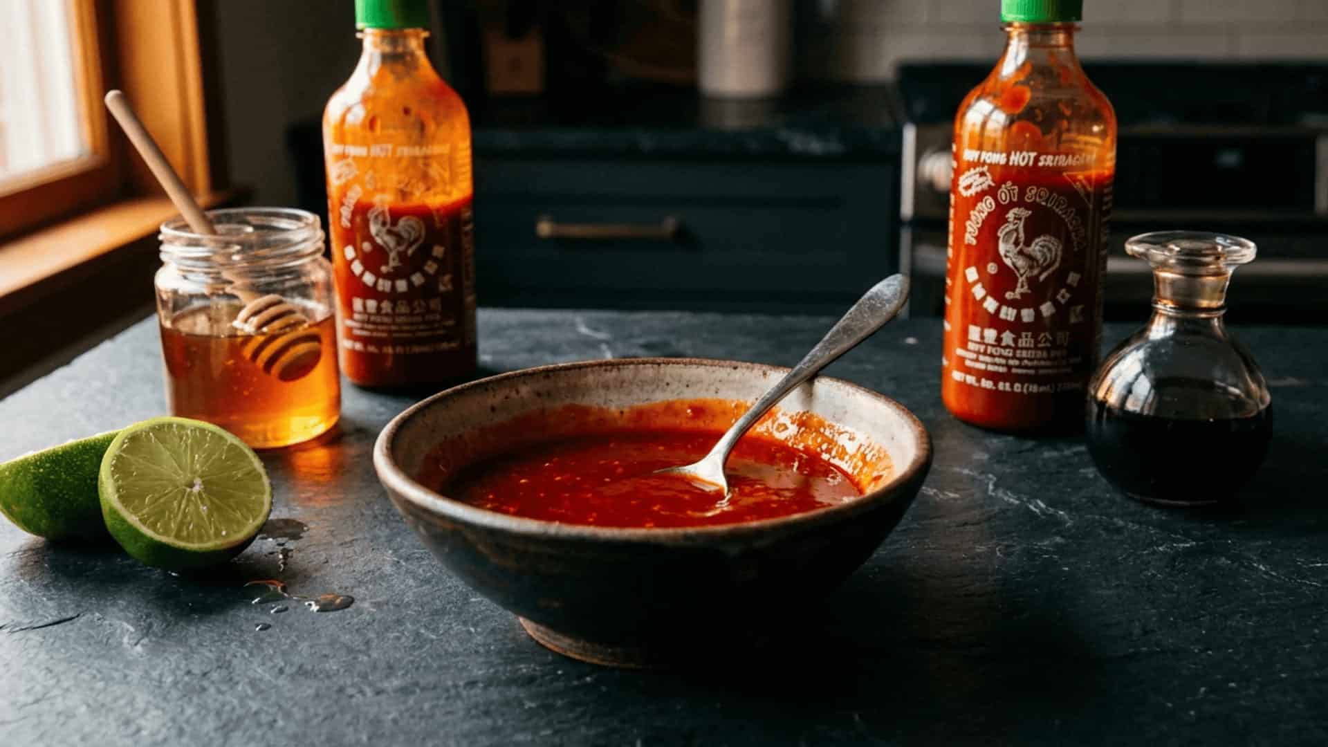 a small bowl of glossy red sriracha lime glaze being stirred on a dark slate countertop with ingredients nearby