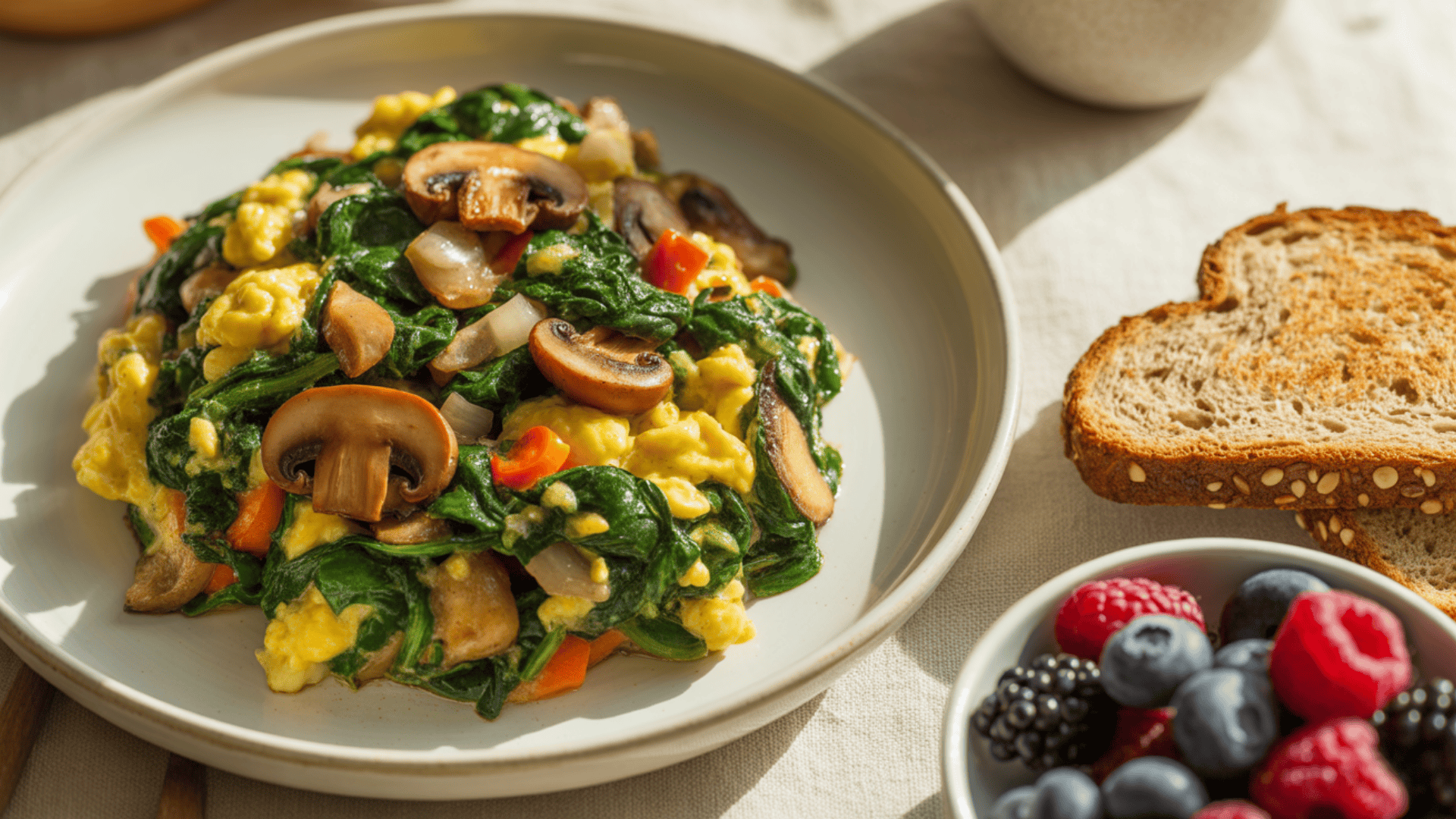 a veggie scramble with eggs and mushrooms on a plate beside a slice of grain bread, with a bowl of mixed berries