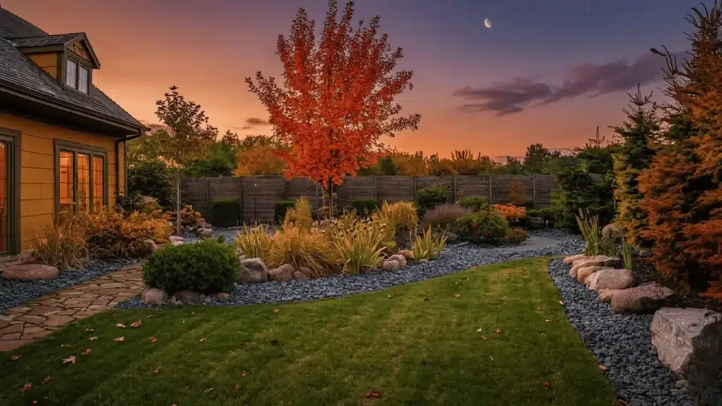 a very beauty picture with vibrant color of tree, plants, house and sky all in one single frame