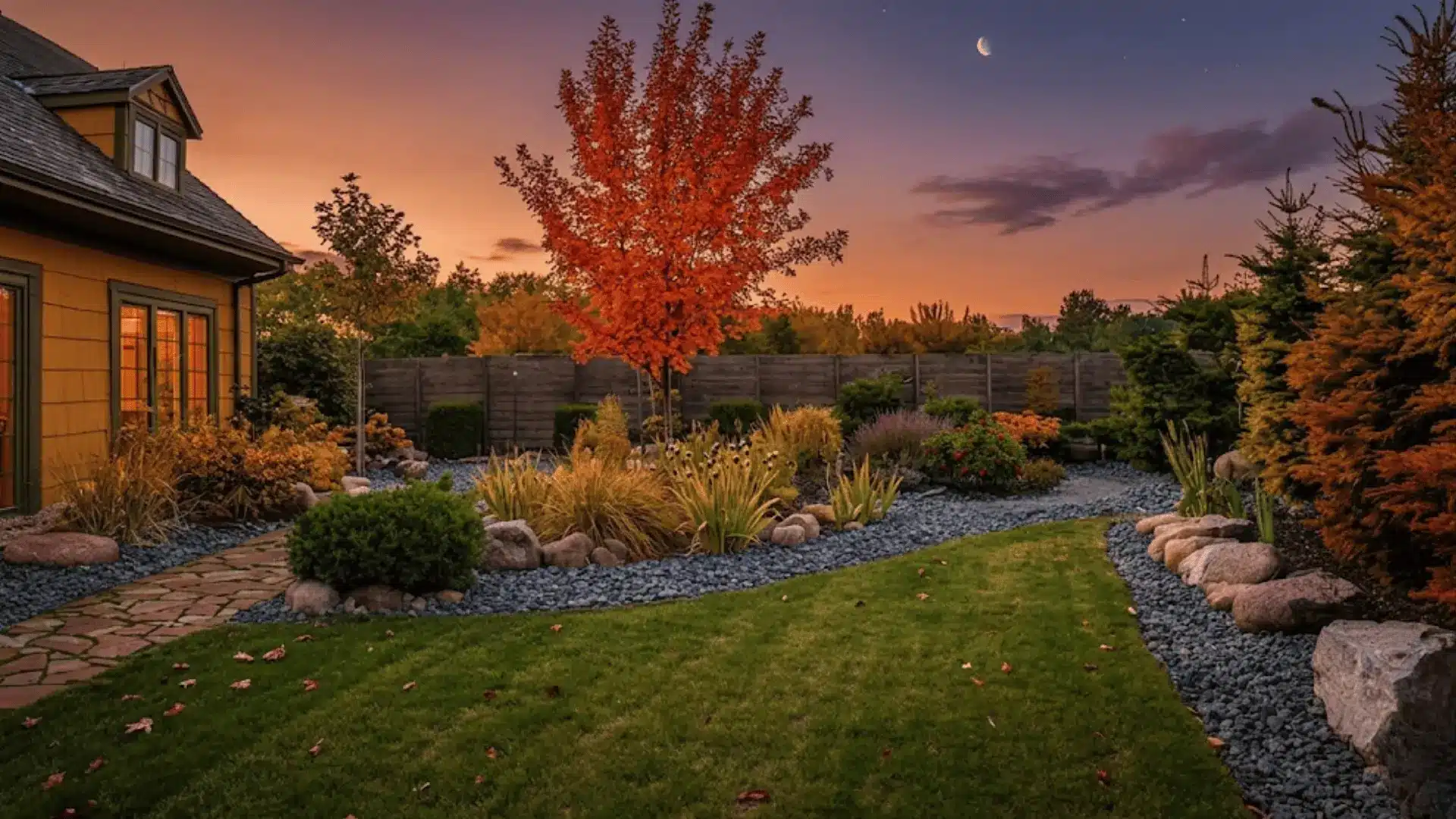 a very beauty picture with vibrant color of tree, plants, house and sky all in one single frame