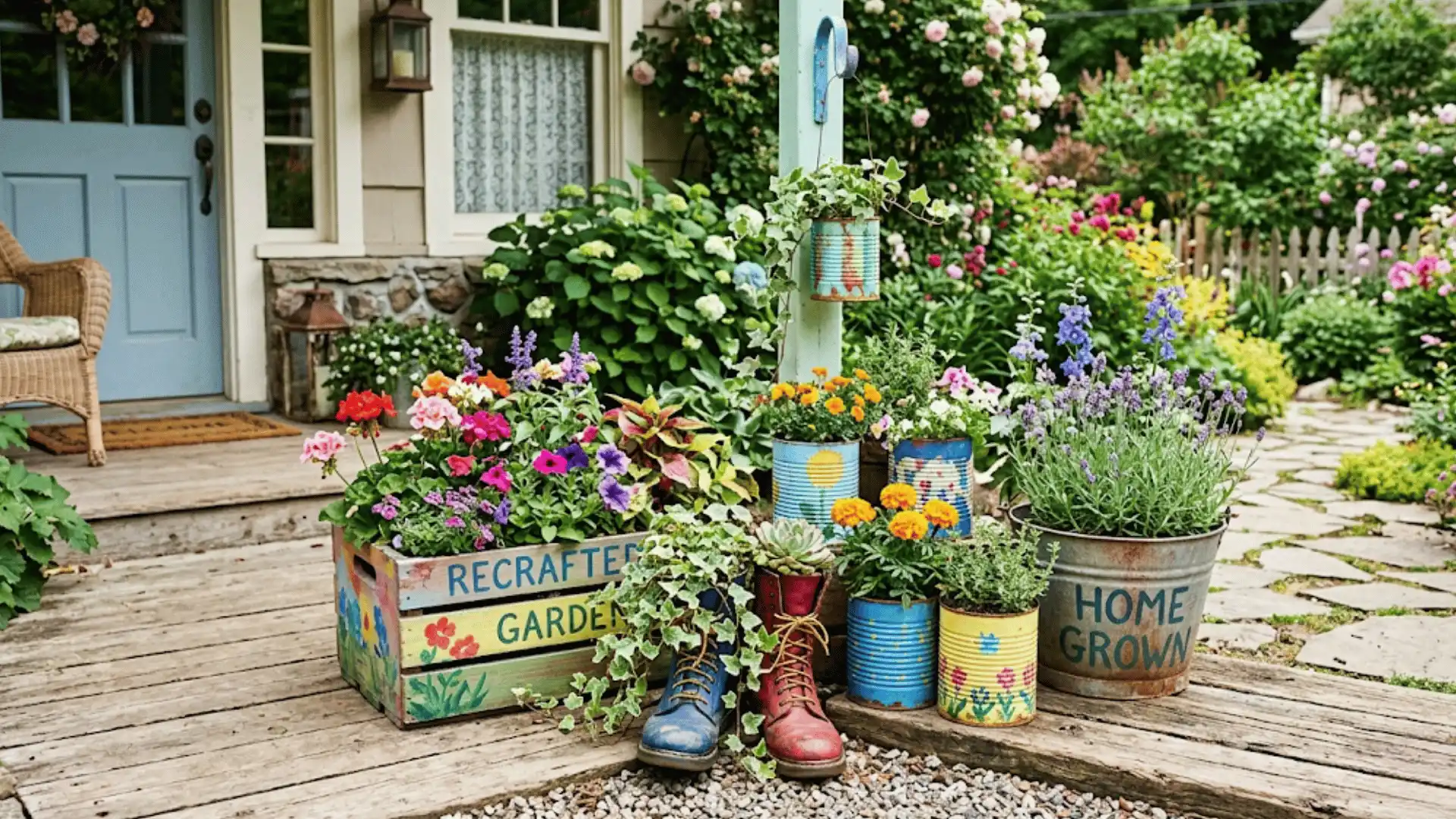 a very cute and beauty front yard with colorful plants through diy