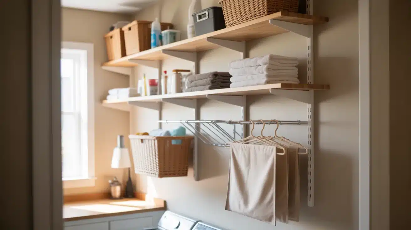 a well-organized laundry room featuring sleek white wall-mounted storage solutions installed at convenient heights