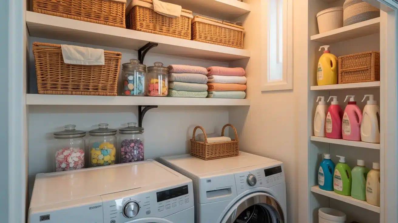 a well-organized laundry room showcasing efficient vertical wall storage solutions