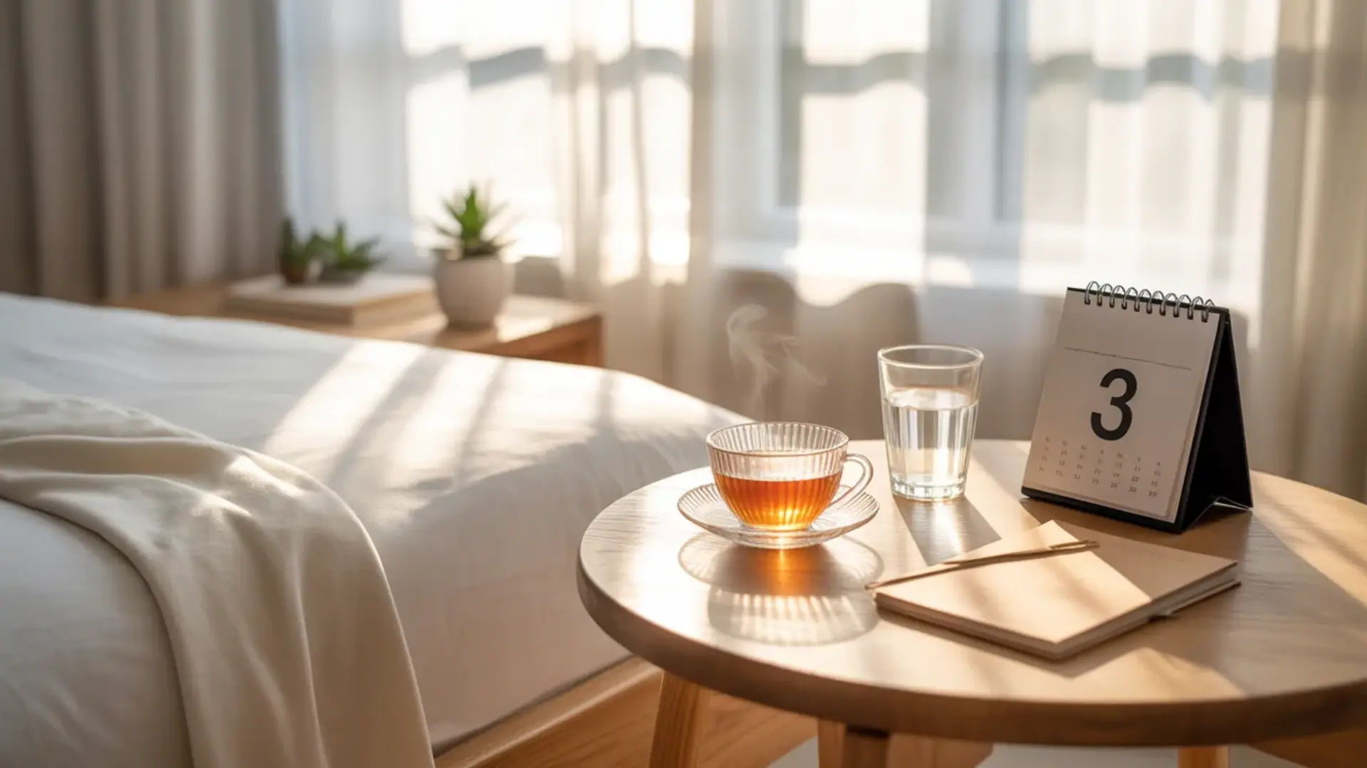 a wooden bedside table with a cup of tea, a glass of water, a small notebook, and a desk calendar next to a bed