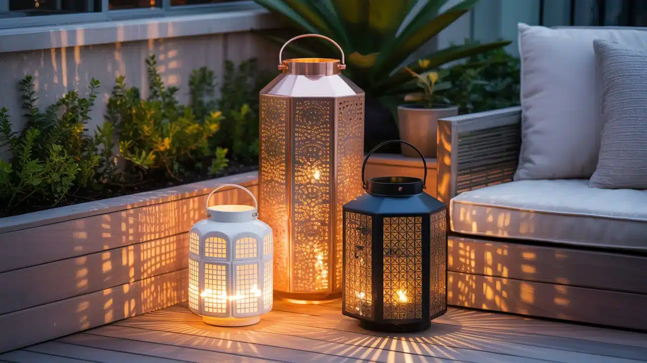 an elegant lantern cluster arrangement featuring three decorative lanterns of varying heights positioned in the corner of a modern balcony