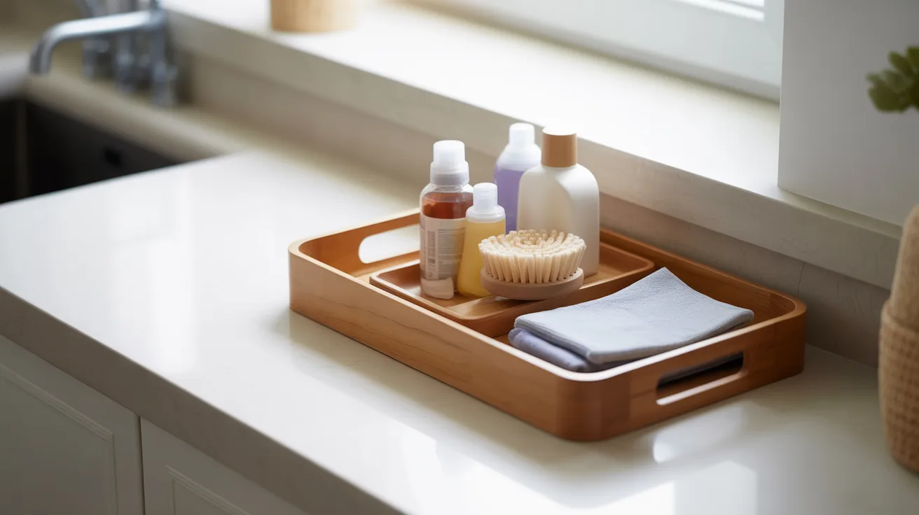 an elegant wooden organizing tray positioned on a clean white countertop, filled with neatly arranged daily essentials