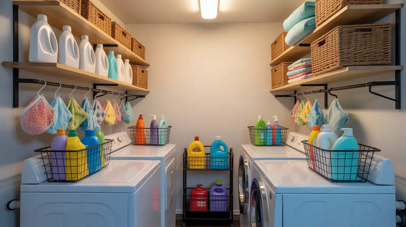 an organized laundry room showcasing affordable storage upgrades and practical organization solutions