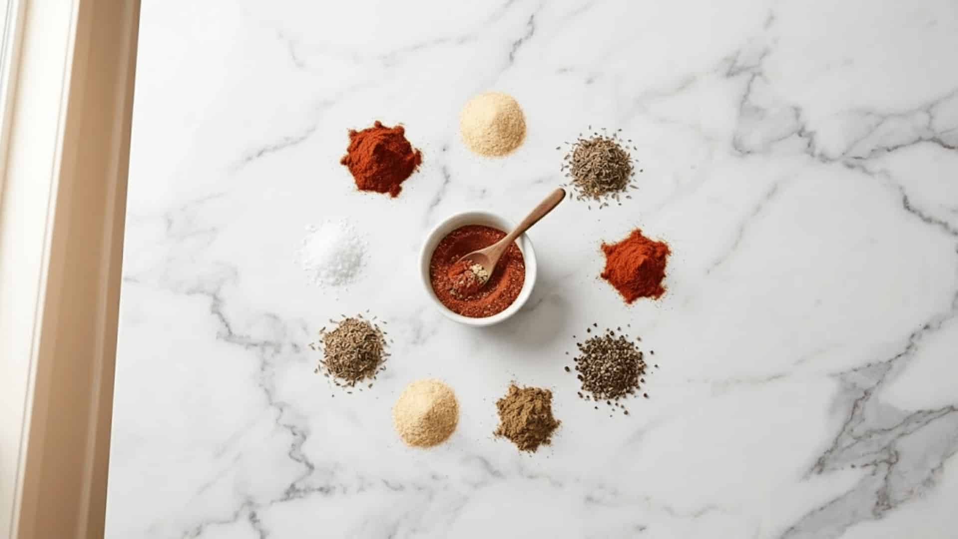 assorted cajun spices arranged on marble surface with a white bowl of blended seasoning and wooden spoon