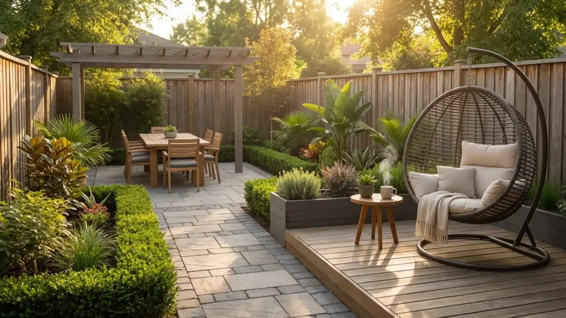 backyard divided into zones with seating area and dining area clearly separated, pathway in between, structured layout, natural lighting