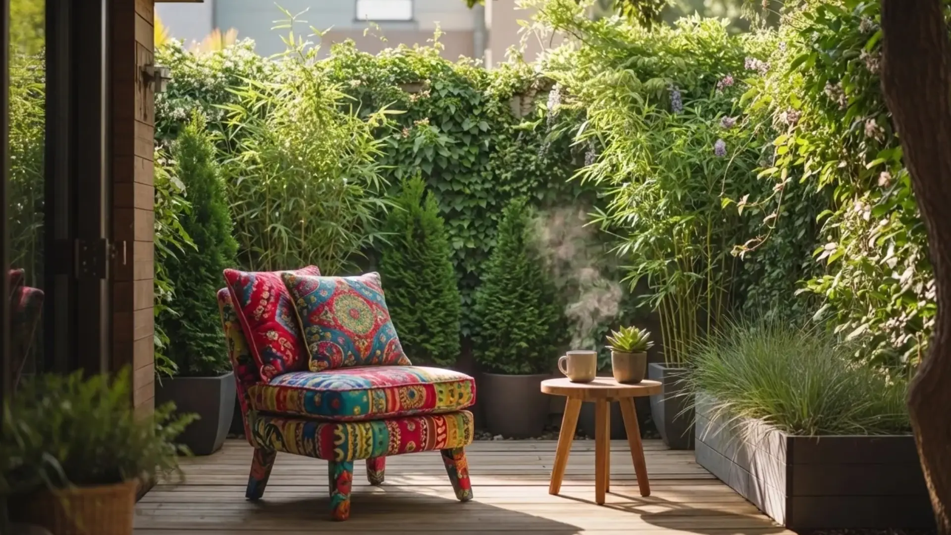 backyard fence covered with climbing plants and greenery, natural privacy screen, sunlight filtering through leaves