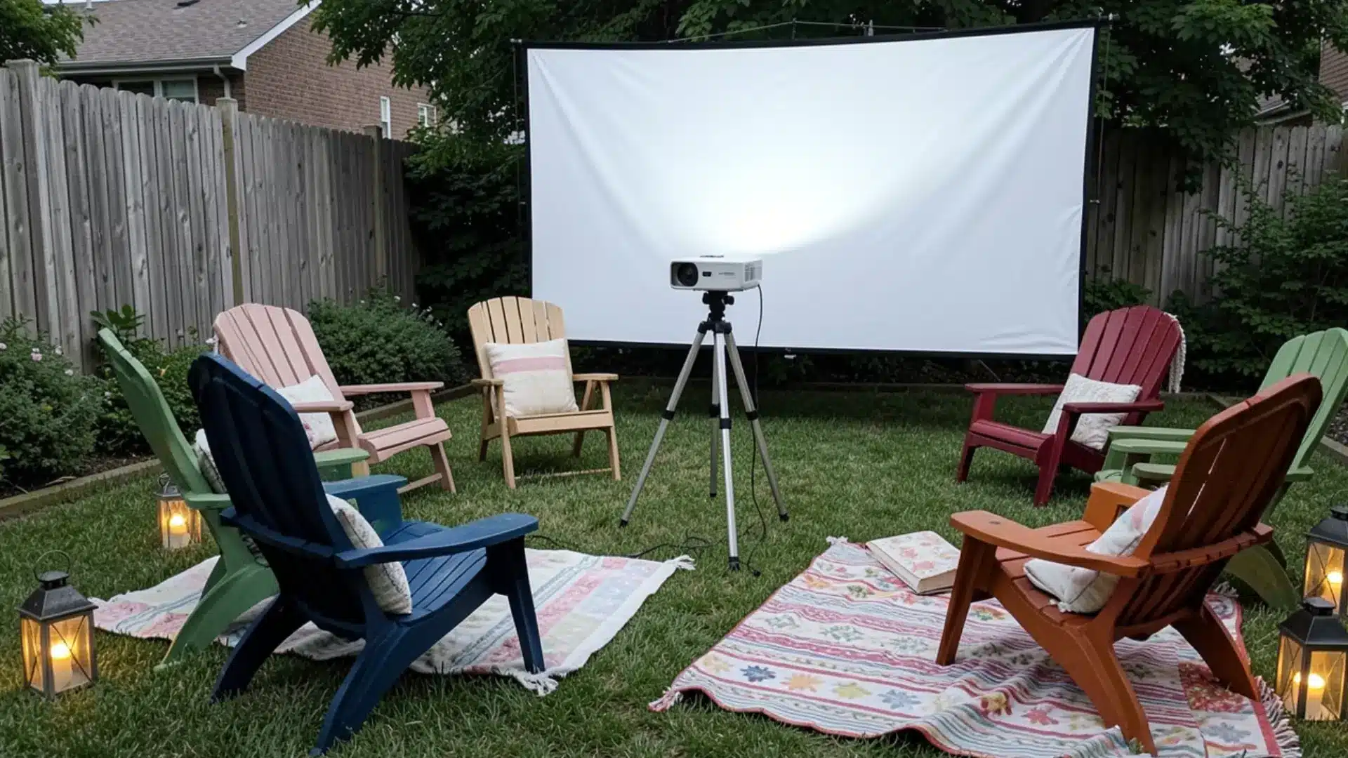 backyard outdoor movie setup with projector and white sheet, cozy floor cushions and folding chairs, string lights overhead