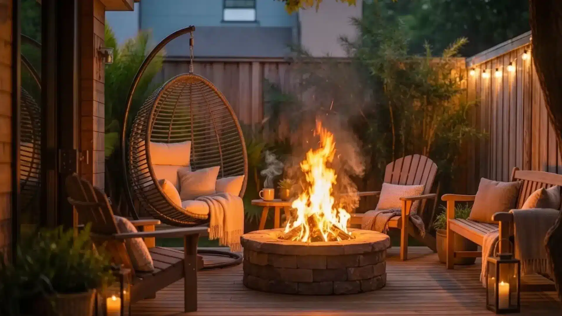 backyard scene with fire pit in center, chairs arranged around it, warm glowing fire, soft ambient lighting, cozy atmosphere, realistic shadows