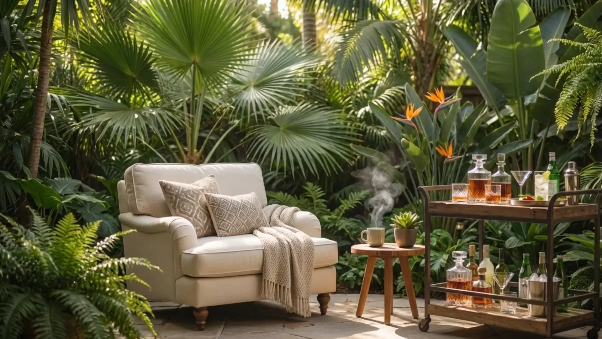 backyard seating area with rolling bar cart holding drinks and glasses, placed near chairs, cozy setup, natural light, realistic details, wide angle full backyard composition