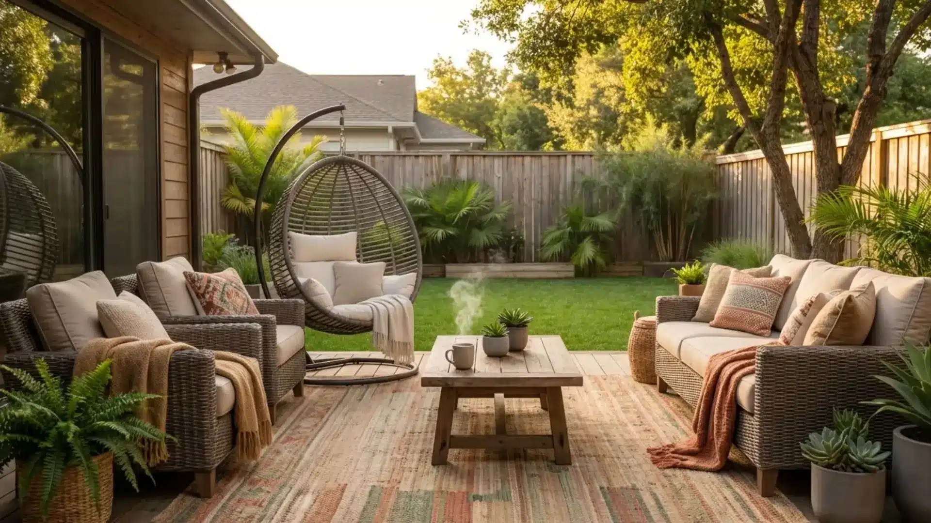 backyard seating with outdoor rug and cushions, comfortable setup, natural light, realistic textures, wide angle full backyard view