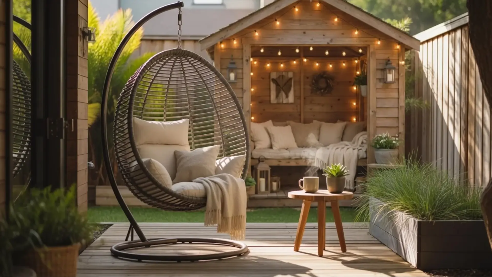 backyard shed converted into cozy seating area with bench and lighting, simple decor, relaxed environment, realistic lighting (1)