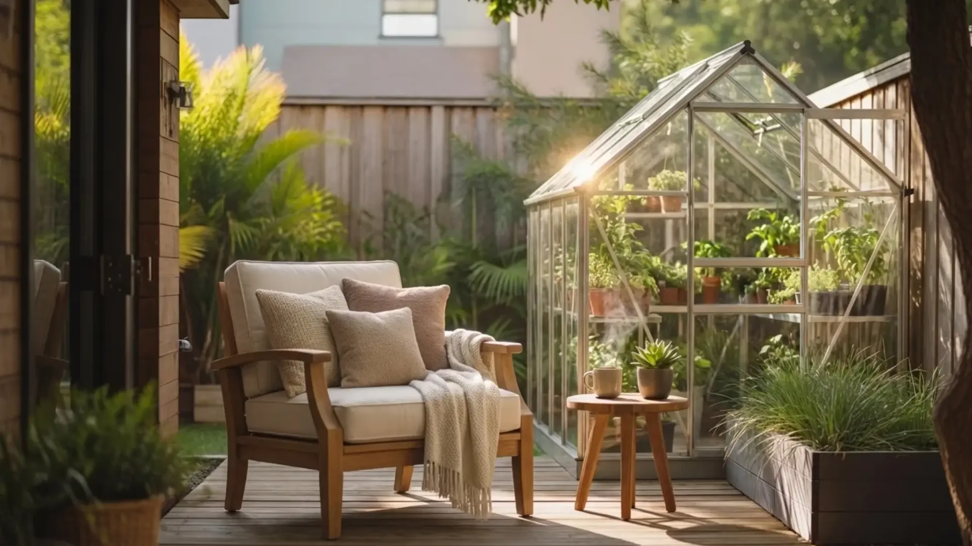 backyard shed converted into cozy seating area with bench and lighting, simple decor, relaxed environment, realistic lighting