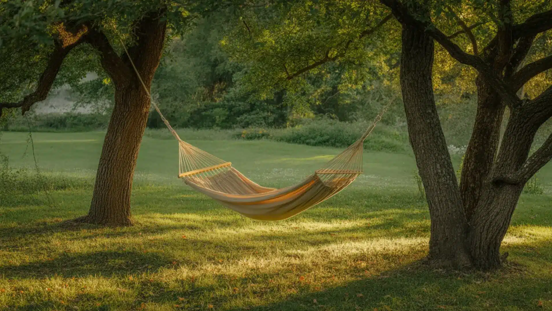 backyard with a fabric hammock tied between two mature trees, grass lawn, scattered sunlight through leaves, calm peaceful environment, natural colors