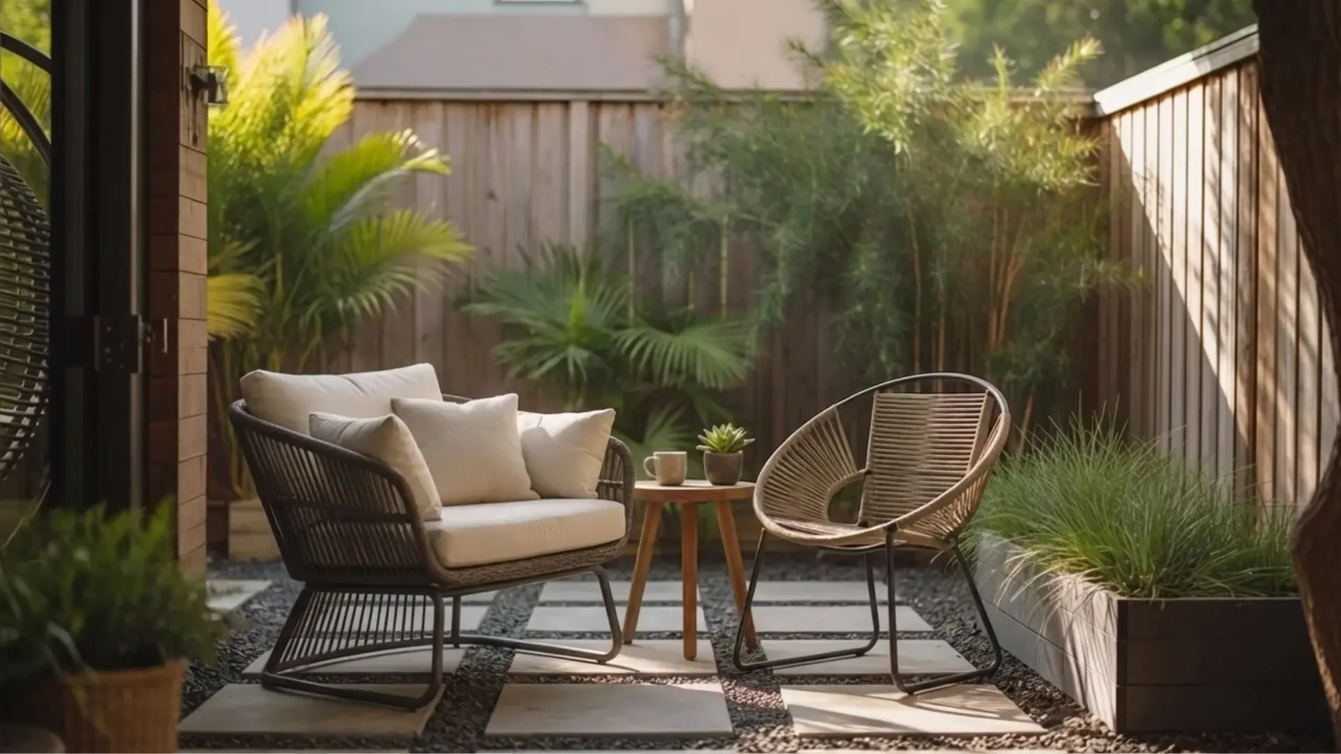 backyard with gravel or paver flooring instead of grass, clean structured design, minimal layout