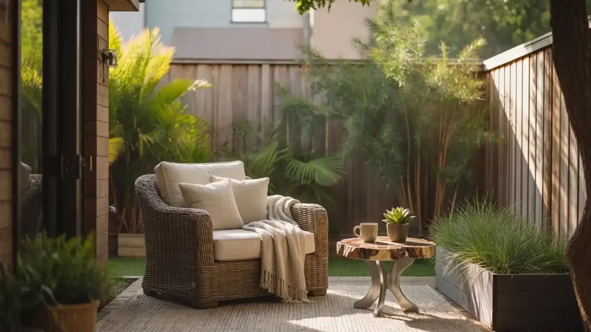 backyard with greenery around, calm environment, water detail visible, realistic lighting, wide angle full backyard view