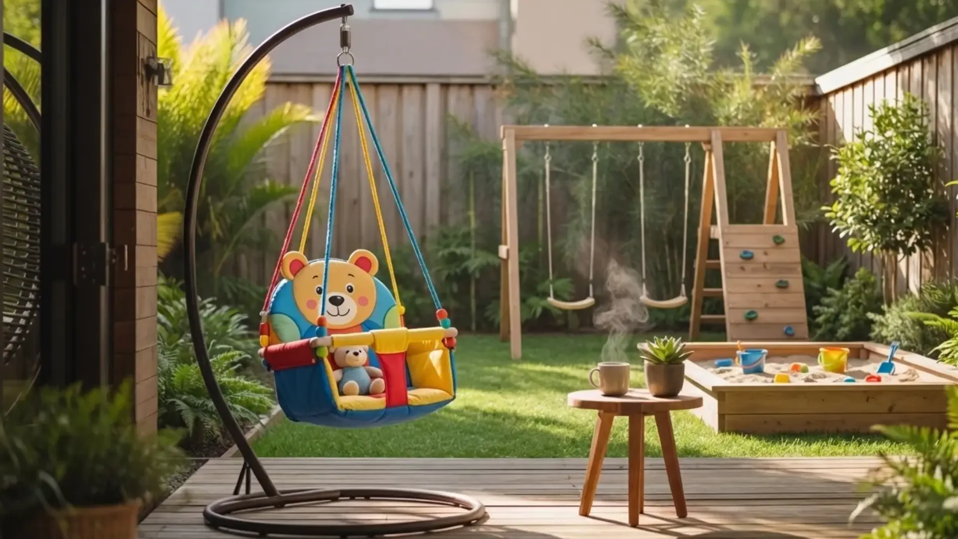backyard with kids play area including swing and sandbox, safe and simple setup, greenery around, natural light (1)