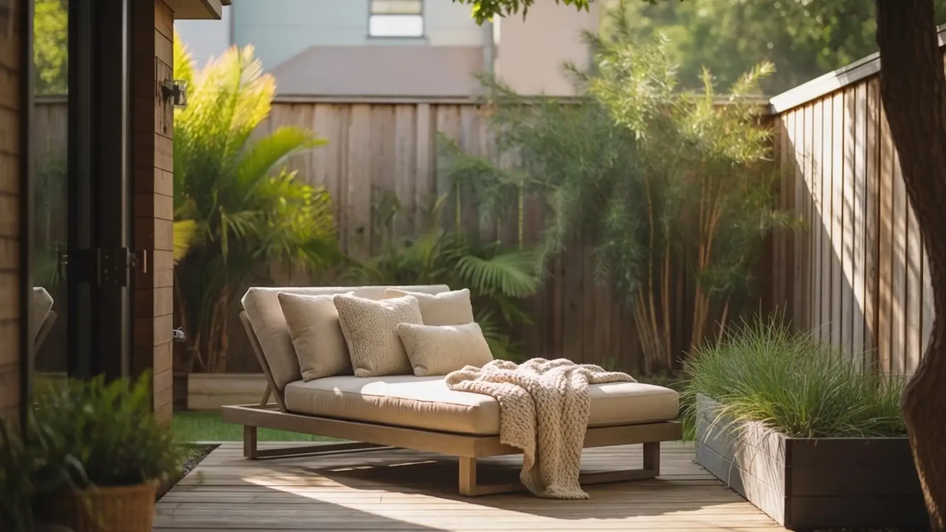 backyard with outdoor daybed lounger placed in sunlight, minimal decor, neutral tones, greenery around, calm relaxing setting, realistic lighting, sharp details