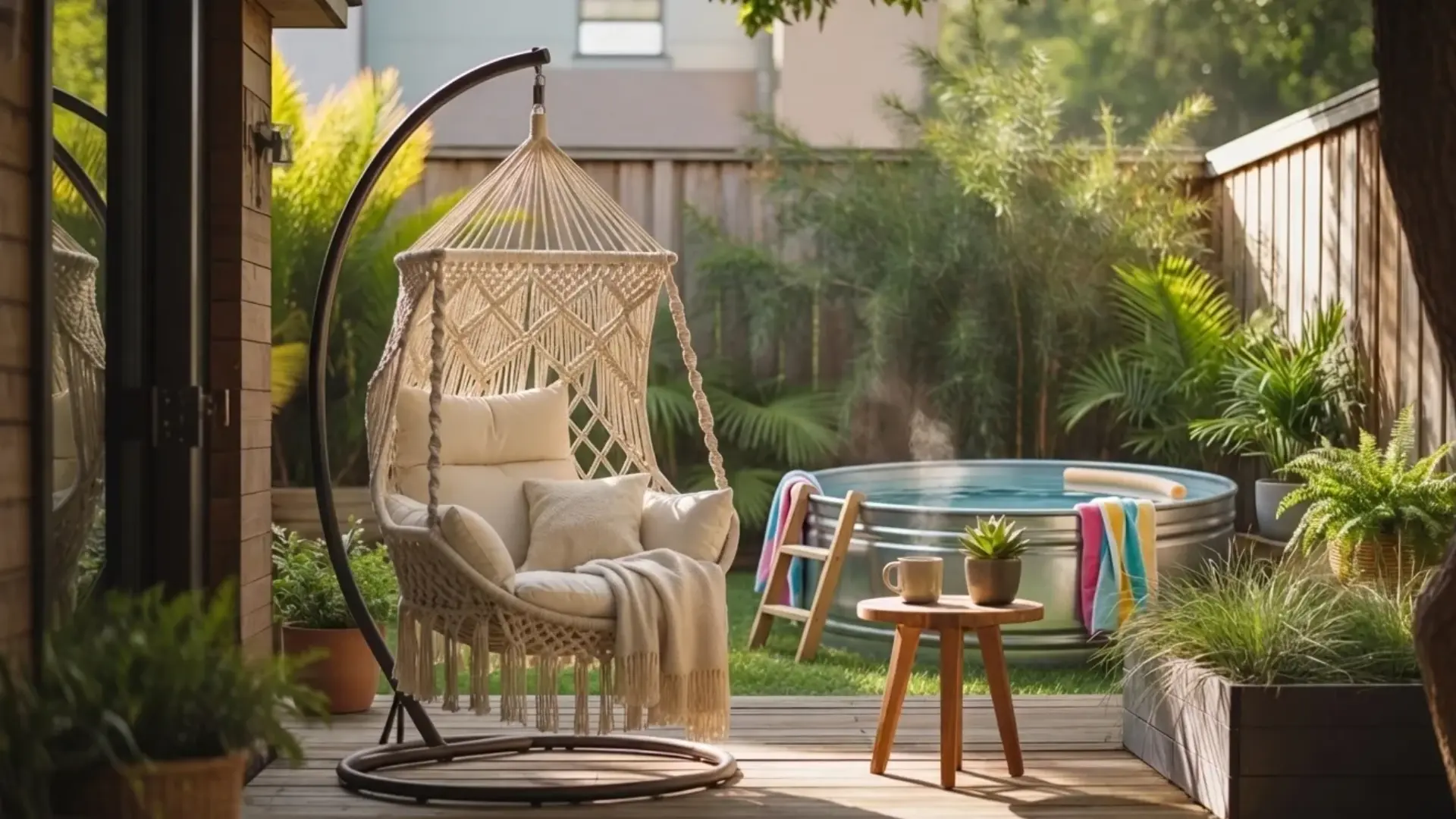 backyard with small stock tank pool, simple setup, summer vibe, greenery around, natural lighting, realistic detail, wide angle