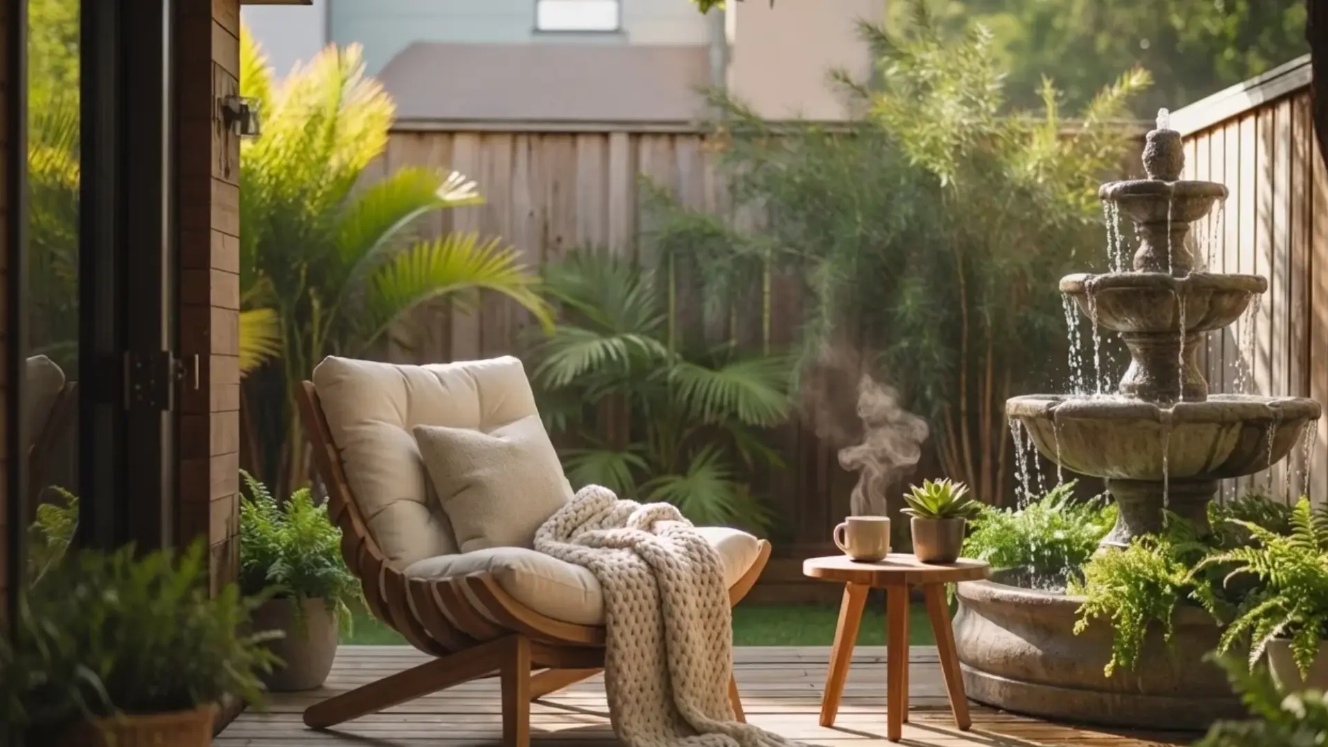 backyard with small water fountain, greenery around, calm environment, water detail visible, realistic lighting