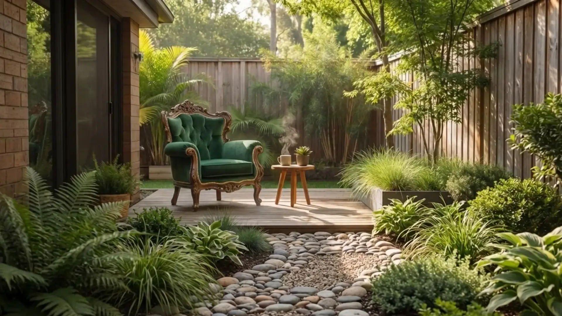 backyard with stone or gravel pathway leading through plants, clean layout, natural greenery on both sides, soft sunlight