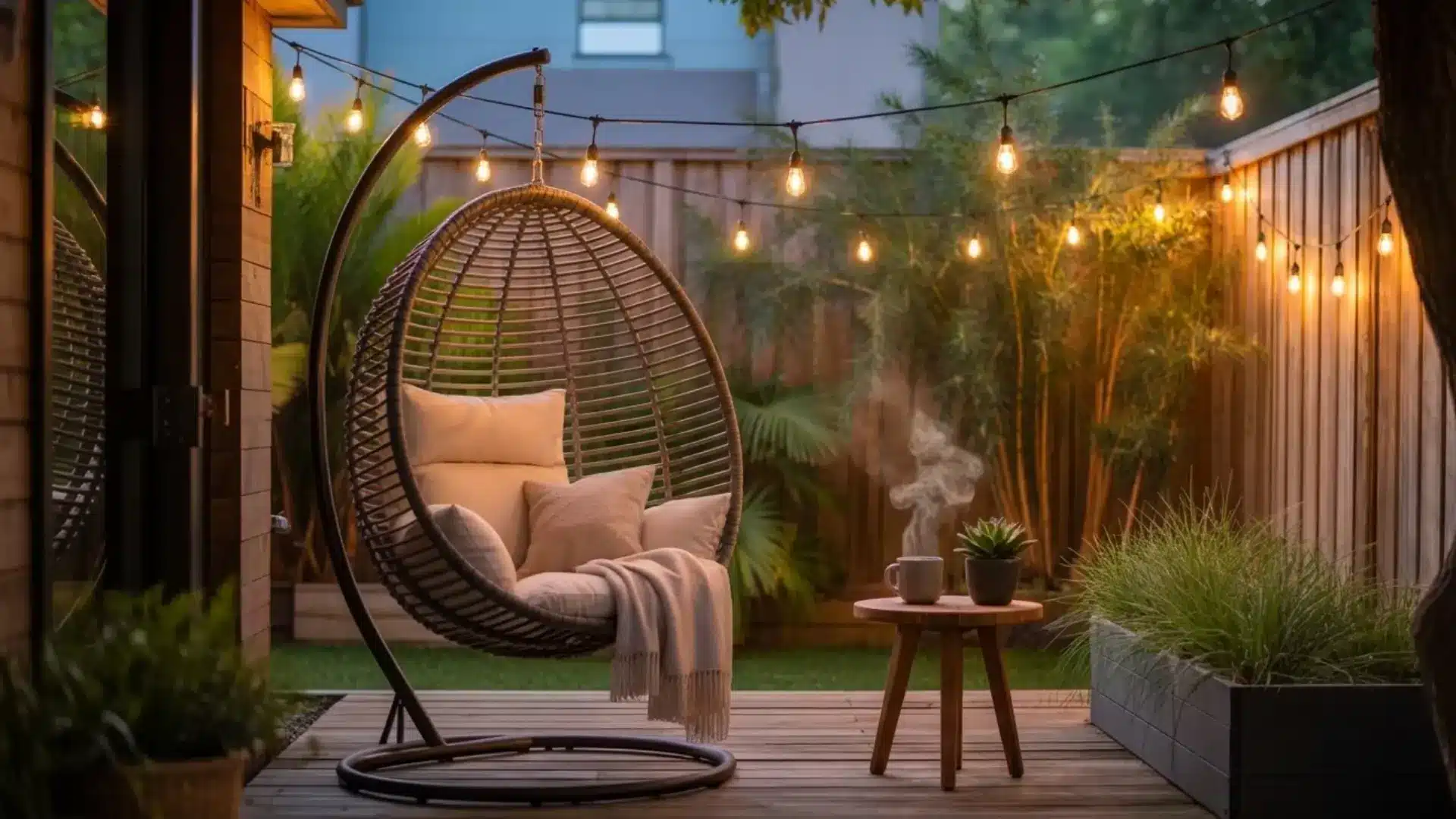 backyard with string lights hanging above seating area, warm evening glow, cozy atmosphere, realistic lighting, wide angle full backyard view