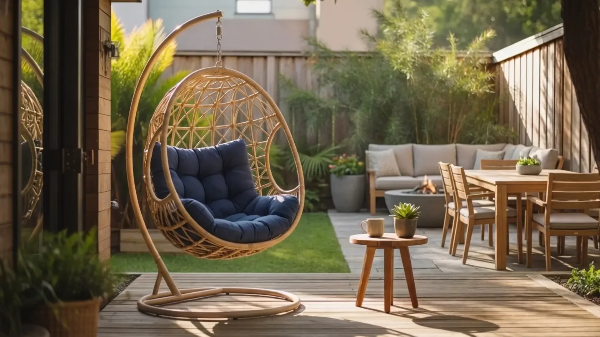 backyard with wooden deck or stone patio, outdoor furniture placed neatly, clean structured layout, natural lighting