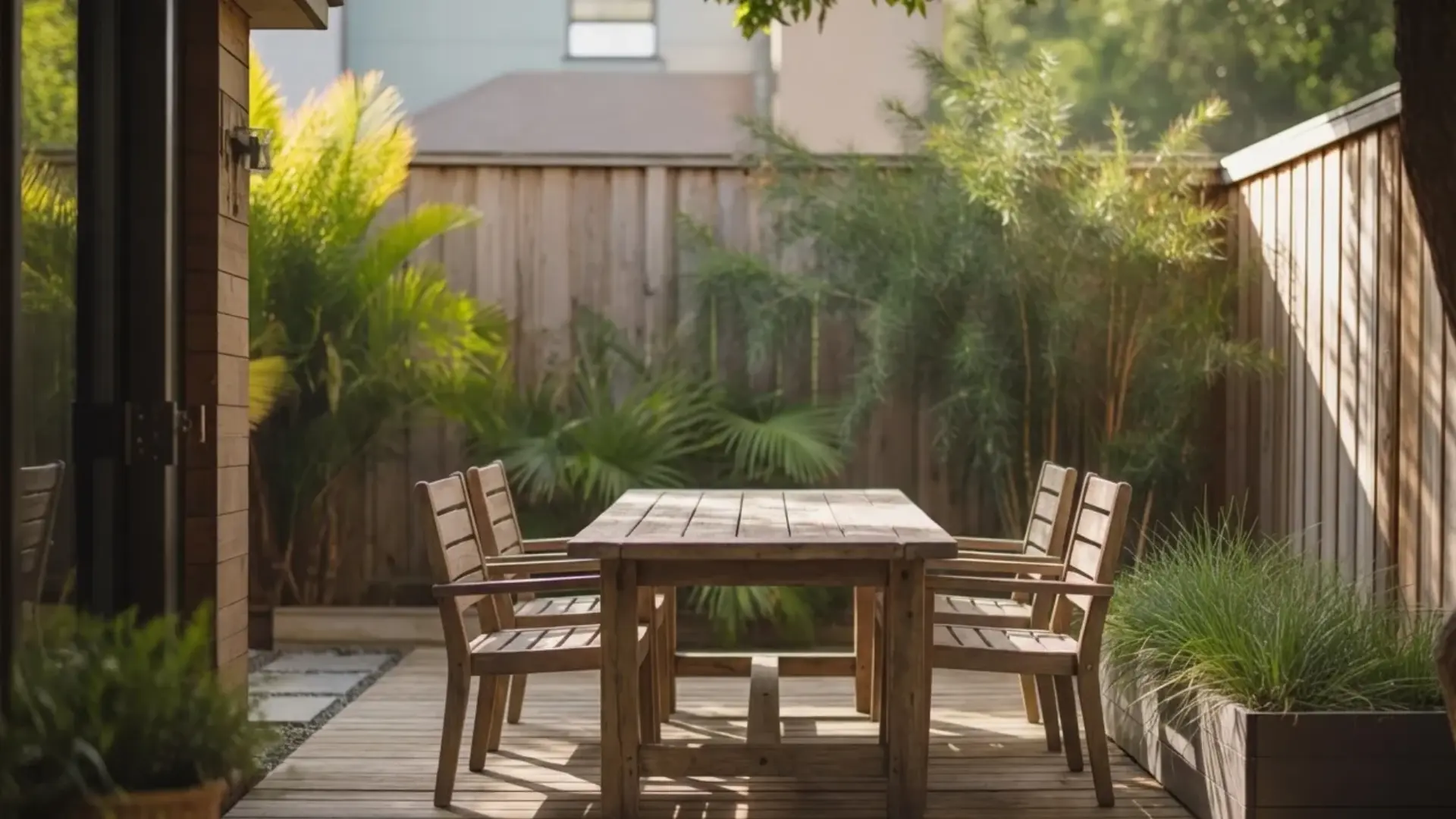 backyard with wooden dining table and chairs, placed on stone patio, greenery and fence around, natural daylight, clean and simple layout
