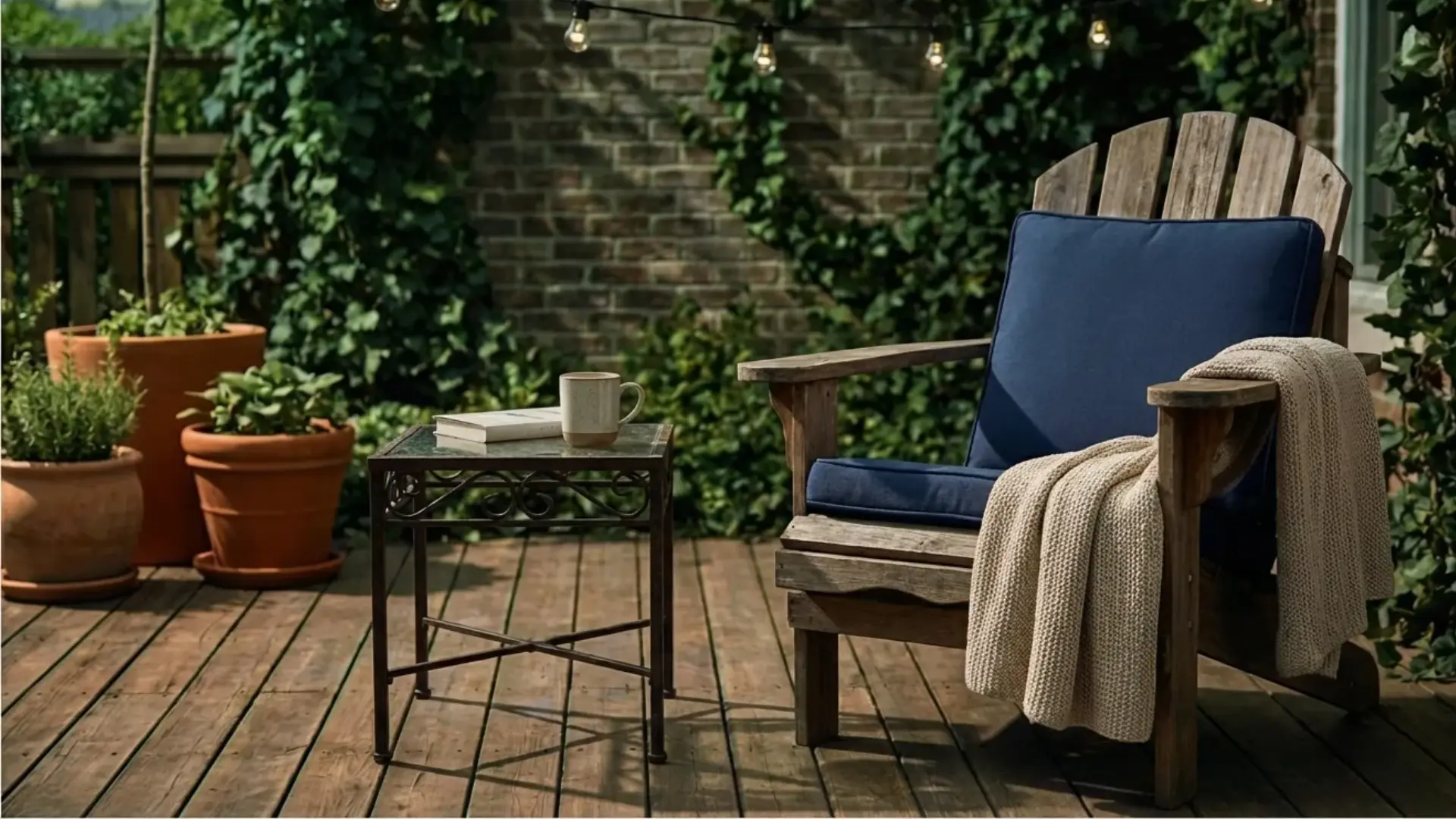 backyard with wooden pergola covering seating area, light filtering through top, plants around, modern simple design, realistic textures,
