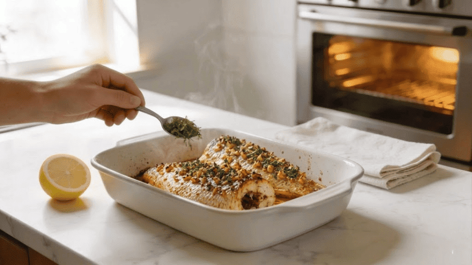 baked snapper fillets in a white dish garnished with fresh parsley and a halved lemon on marble