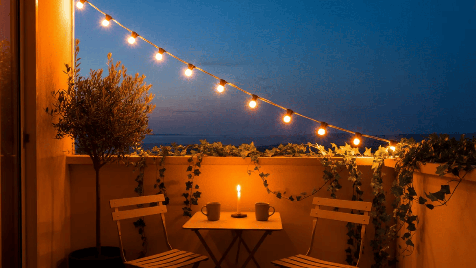balcony bistro table with two mugs and candle under amber string light canopy with olive tree and ivy at blue hour