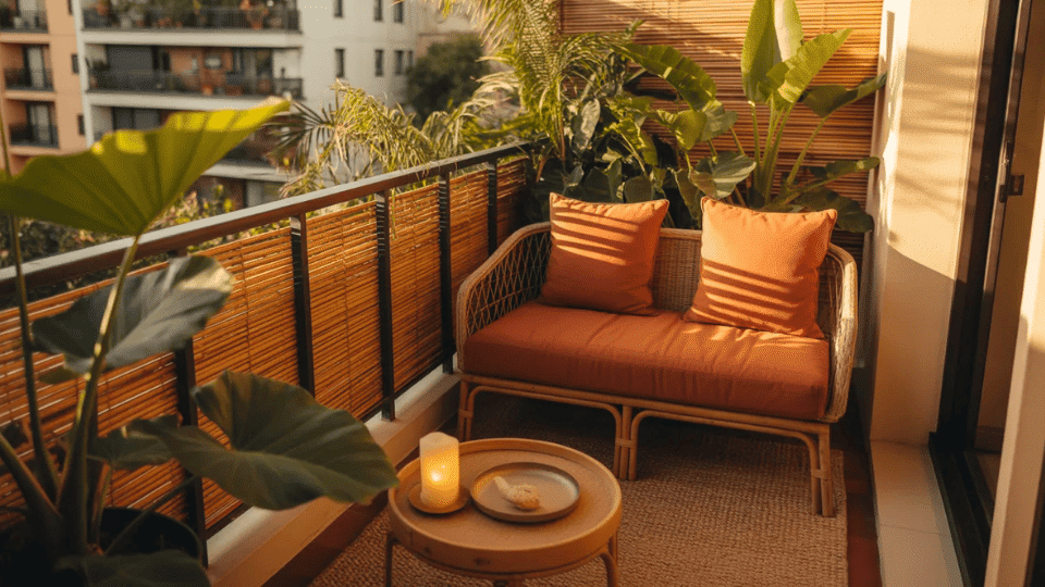 bamboo screened balcony with elephant ear palms rattan loveseat rust cushions jute rug and golden afternoon light