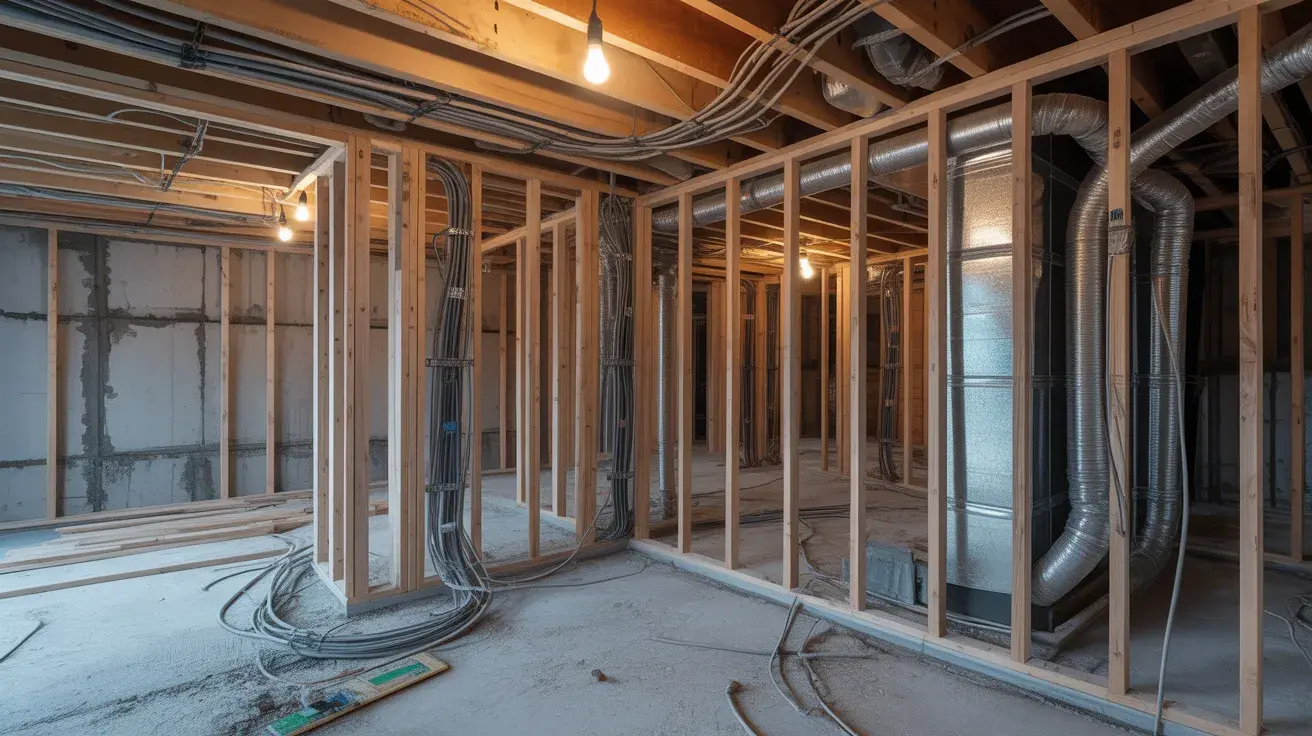 basement with open wall showing framing, wiring, plumbing, insulation, and finished interior layers